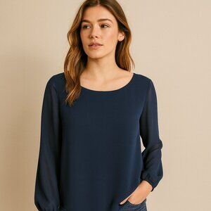 Halo Navy Blue Sheer Long Sleeve Lined Blouse Women’s Medium Work Office Top